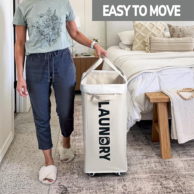 Goodpick Laundry Baskets with Wheels and Handle, 2-Pack 75L Collapsible Laundry Baskets, Clothes Laundry Basket with Removable Wash Bags for Corner Dorm, White Rolling Laundry Hamper