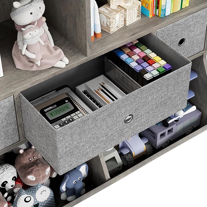 3-Tier Kids Bookshelf & Toy Storage Organizer - Wooden Bookcase with 3 Drawers, 4 Cubby Shelves, Anti-Tip Safety Design - Nursery, Playroom, Children's Room -2 Set Grey