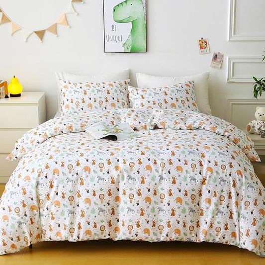 Ivellow Twin Duvet Cover for Kids Cartoon 100% Cotton Kids' Duvet Cover Set Zoo Animal Lion Elephant Patterned Ultra Soft Breathable Cute Toddler Bedding Set Zipper Closure Boys Girls Teens