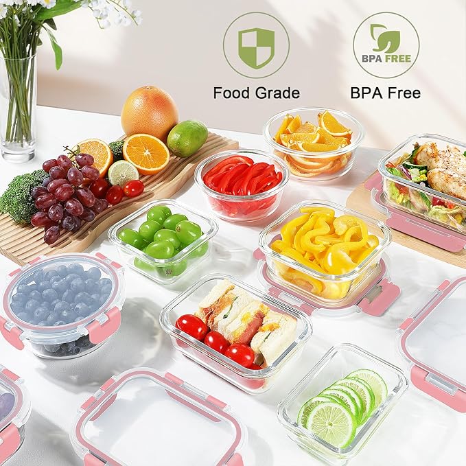 BAYZZ 24 Piece Glass Food Storage Containers with Lids, Airtight Glass Meal Prep Containers for Kitchen, BPA-Free Lunch Box, Microwave and Freezer Safe,Pink