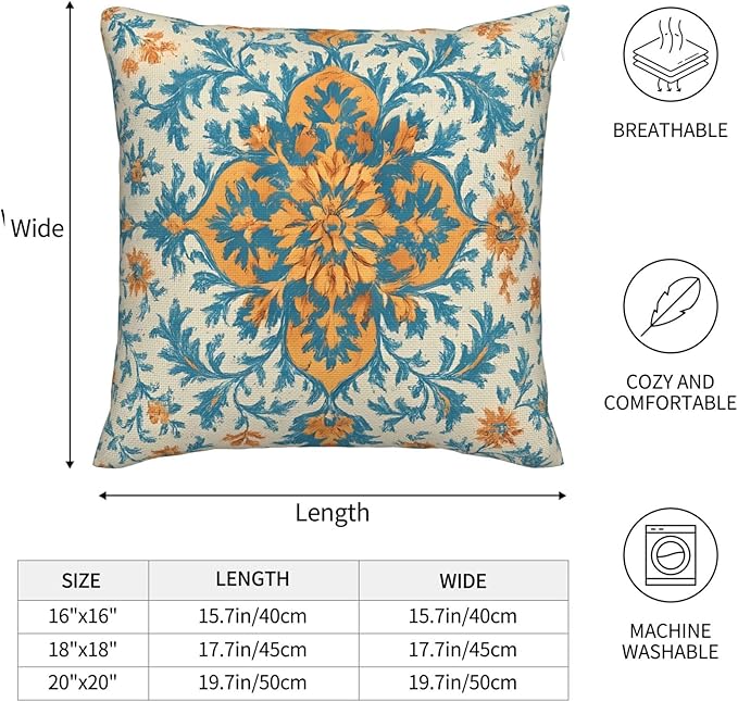 Blue Orange Boho Pillow Covers 16x16 Inch Set of 2 Ethnic Carpet Pattern Floral Outdoor Decorative Throw Pillows Fall Vintage Cushion Covers for Sofa Bed Couch Living Room Decor