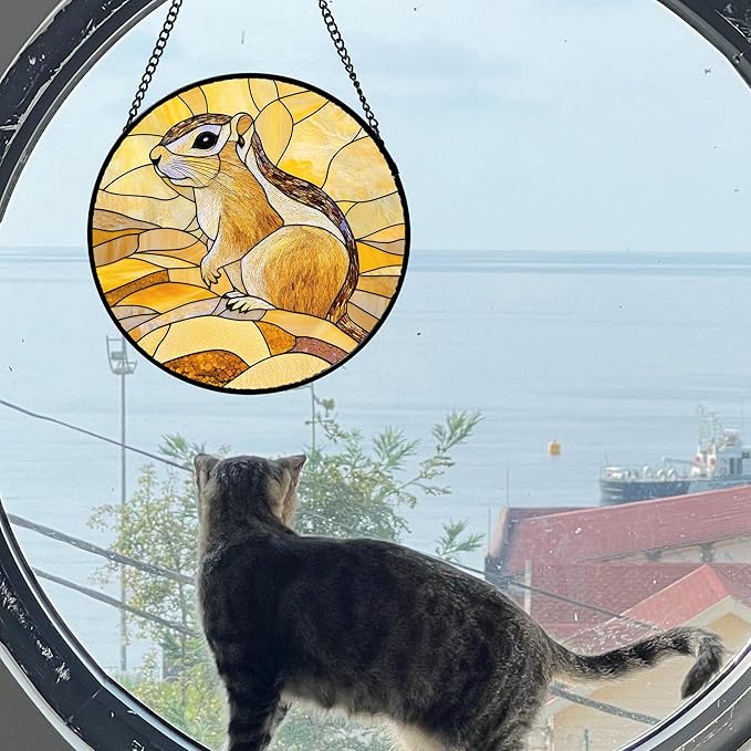 Stained Glass Window Hanging 4 Pcs Set Animals Large 15" - Desert Landscape Yellow Suncatcher Door Garden Sun Catcher Decor Birthday Christmas for Mom Woman Nana Men