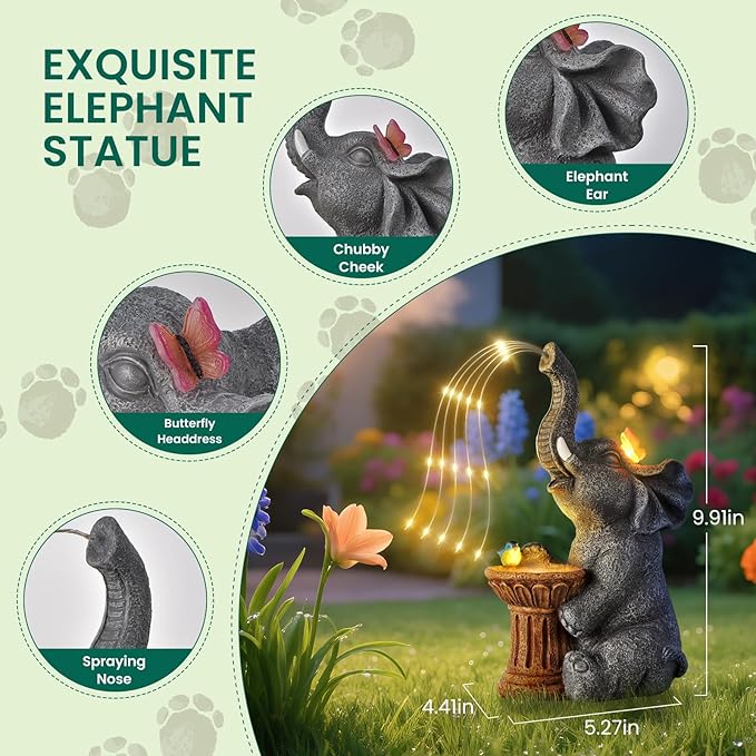 Garden Decor Watering Elephant Statues, Housewarming, Birthday Gifts for Women Mom Grandma, Garden Sculptures- Outdoor Statue Solar Lights Ornament for Yard Patio Balcony