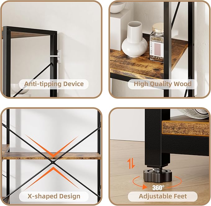 Shintenchi 5 Tier Corner Bookshelf,L Shaped Bookcase,Large Etagere Bookcase,Corner Shelf Display Storage Rack with Metal Frame for Living Room Bedroom Office,Rustic Brown