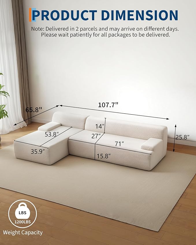 Garvee 107'' Modular Sectional Sofa, Left Facing Chaise L-Shaped Boneless Couch, Ultra Deep Seat Modern Sectional Sofa for Living Room, 5mm Wale Corduroy Fabric, Beige