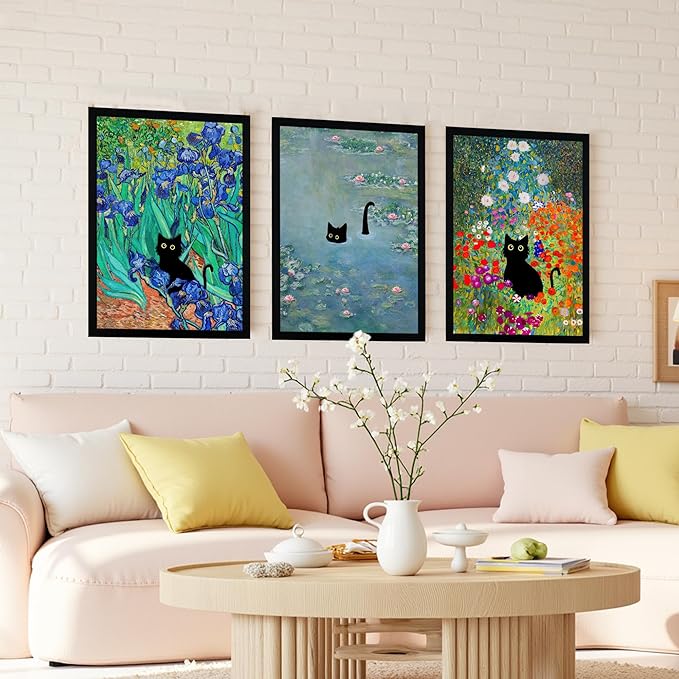 Krtoni 3Pcs Framed Black Cat Wall Art, Vintage Funny Black Cat in Water Lilies Poster Prints Paintings, Garden Flowers Cat Aesthetic Wall Decor, for Bathroom Living Room Bedroom 16" W x 24" H