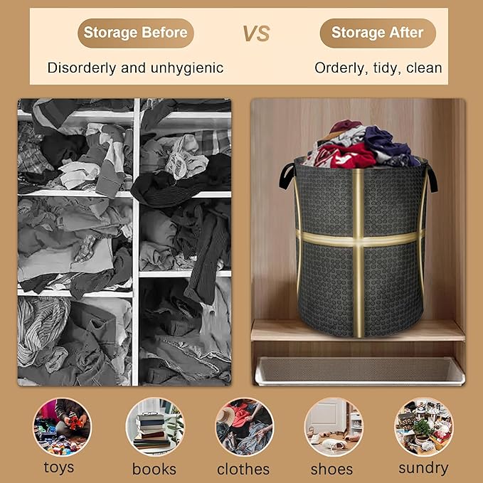 Large Laundry Basket,Black Basketball Collapsible Laundry Baskets,Golden Lines Waterproof Oxford Hamper with Handles for Bathroom Bedroom Nursery Home Storage 16"x20"
