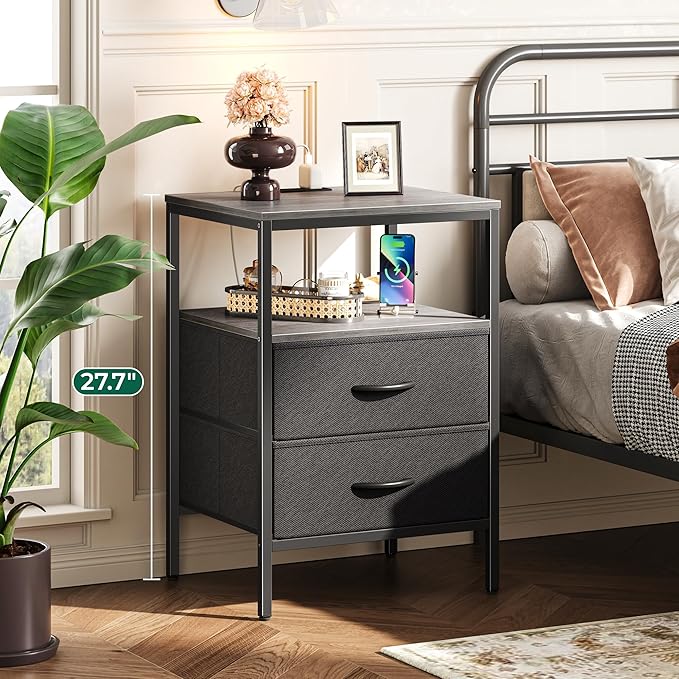 Huuger Night Stand with Charger Station, 27.7 Inch Tall Nightstand, Bed Side Table with 2 Fabric Drawers, Fabric Drawer Dresser for Bedroom, Living Room, Grey