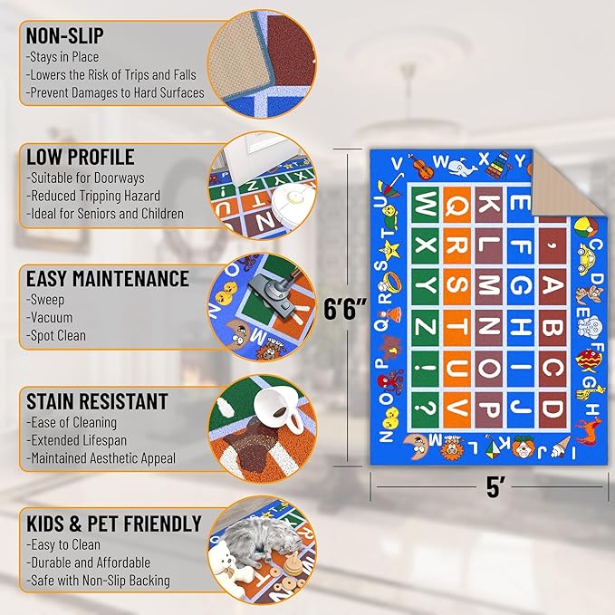 Ottomanson 5' x 6'6" Alphabet Kids Rug - Educational ABC Play Mat for Playroom, Bedroom, Daycare & Classroom - Fun & Interactive Learning Carpet - Durable & Non-Slip for High-Traffic Areas, Blue