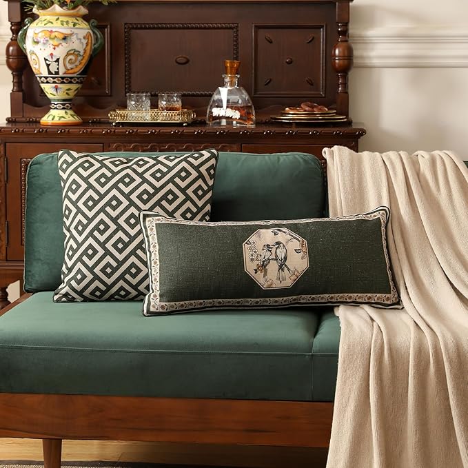 Design Linen Chinoiserie Lumbar Throw Pillow Covers 12"x28" Pack of 2, Farmhouse Cushion Covers with Yellow Floral Birds Pattern Decoration Pillowcases for Bed,Living Room,Outdoor,Car