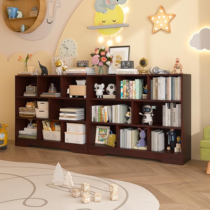 Kids Book Shelf Set of 2, 8 Cubes Storage Organizer Montessori Bookshelf, 3-Tier Wooden Kids Bookcase, Toy Storage Organizer for Children, Cherry Toddler Bookshelf Cube Shelf for Kid’s Room