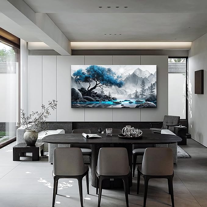 Lapremoly Black And White Painting Canvas Wall Art For Living Room Large Wall Decor For Office Wall Decorations For Bedroom Blue Tree Landscape Wall Pictures Hotel Artwork Posters Family Home Decor