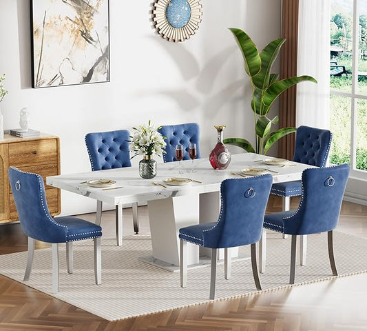 Goujxcy 7-Piece Extendable Dining Table Set for 6-8 People 63-78 Inch Kitchen Table Set with 6 Blue Upholstered Chairs Modern White Faux Marble Rectangular Dining Room Table Set for Kitchen Apartment