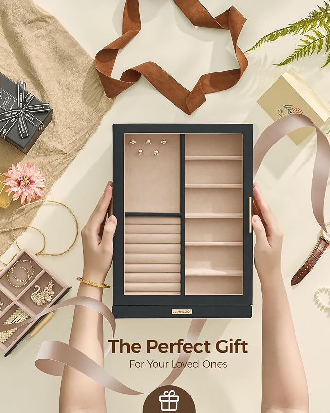 360° Rotating Jewelry Box with 7 Drawers, Spacious Vertical Jewelry Organizer with Glass Window, Jewelry Storage Case, Dustproof & Moisture-resistant Design, Black