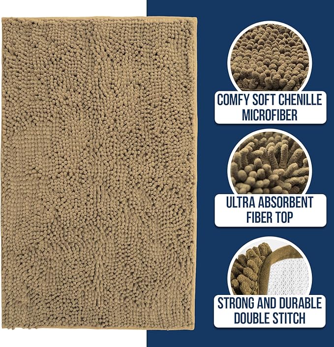 Muddy Mat Chenille Bathroom Rugs Quick Dry Microfiber Mats Non Slip Washable, Extra Thick, Soft and Highly Absorbent Bath Mats for Bathroom, Kitchen, and Shower Floor - Beige Large 35"X24"