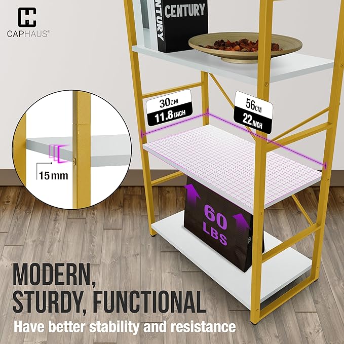 CAPHAUS 3 Tier Small Bookshelf, 24 Inch Width Free Standing Shelf, Bookcase Shelf Storage Organizer, Industrial Book Shelves for Home Office, Living Room, White Wooden Shelves & Gold Frame