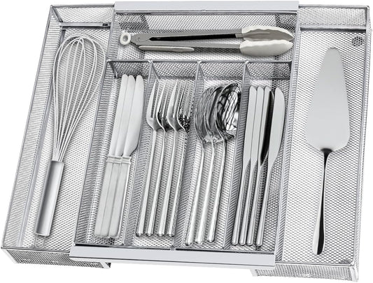 Silverware Organizer Metal Mesh, Drawer Organizer, Utensil Cutlery Tray Expandable Flatware Organizer with 7 Compartment Silver 9.4"~17.3" x 13.7"