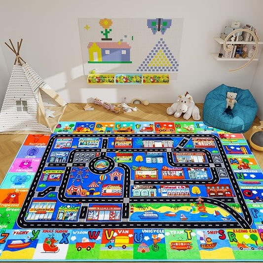 Kids Rugs for Toy Cars Playroom 110"×78.7" ABC Transportation Animals Play Mat Educational Mat Alphabet Area Rug Public Buildings Kids Playtime Collection Toddler Learning Carpet