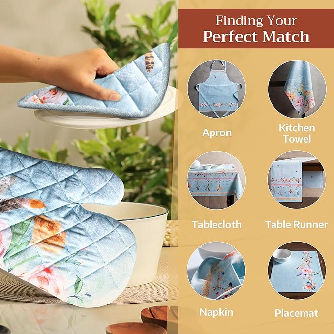 Maison d' Hermine Oven Gloves 100% Cotton Oven Mitt 7" x 13" with Loop Heat Resistant, BBQ, Cooking Gloves, Baking, Grilling, Kitchen, Handling Hot Pans Spring/Summer (Pack of 1, Ibiza)