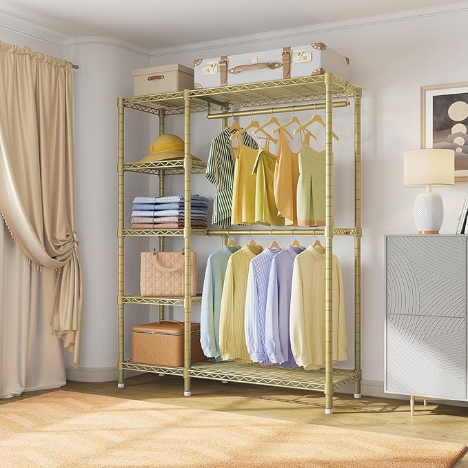 VIPEK V7 Clothes Rack Heavy Duty Max Load 670lbs, Garment Rack with 5 Tiers Adjustable Shelves Portable Closet Metal Sturdy Wardrobe Storage System for Walk-in Closet, Bedroom, Small Space (Gold)