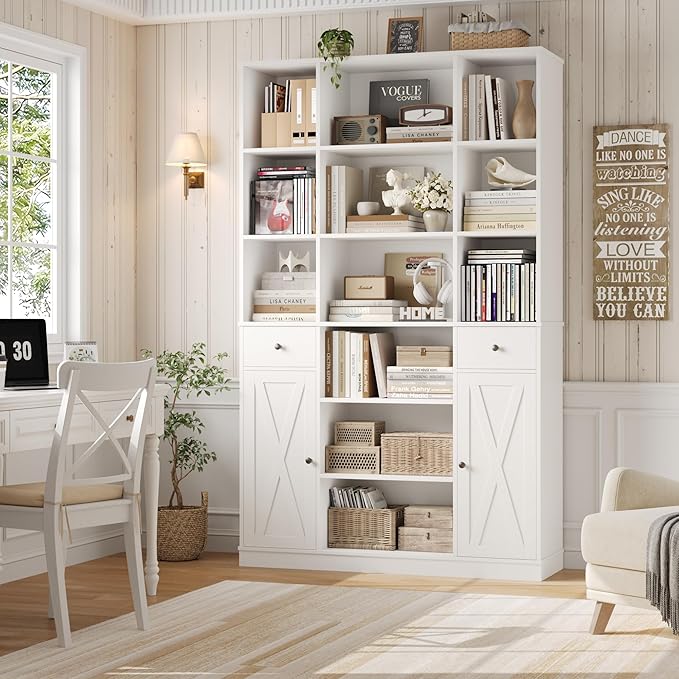 HOSTACK 74" Tall Book Shelf and Bookcase, 45" Wide Bookcase with Doors and Drawers, Modern 6 Tier Bookshelf with Storage, Large Wood Display Cabinet with Adjustable Shelves for Home Office, White