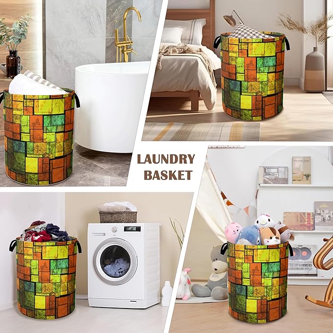 Laundry Basket,Colorful Stained Collapsible Laundry Baskets,Glass Wall Waterproof Oxford Hamper with Handles for Bathroom Bedroom Nursery Home Storage 16"x20"