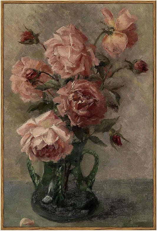 InSimSea Framed Wall Art for Living Room Flower Wall Art Home Decor Roses in Vase Vintage Paintings Large Canvas Prints Botanical Prints Mid Century Modern Decor Farmhouse Bedroom Wall Decor 16x24in