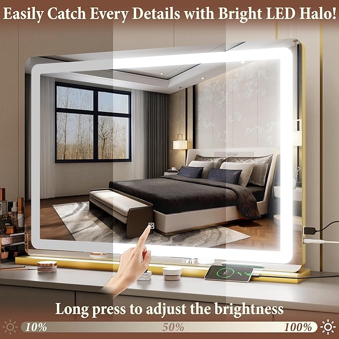 FENNIO Vanity Mirror with Lights 32"x22", Lighted Makeup Mirror, Large Vanity Mirror with Lights, Touch Sensor with 3 Color Lighting,USB Charging Port for Vanity Desk Tabletop（Gold）