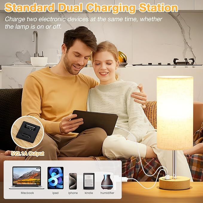 Touch Bedside Table Lamp with USB - 3 Way Dimmable Wood Lamp for Bedroom Nightstand, Desk Lamp with Charging Station for Dorm, Living Room, Office, Kids Room, Nursery, Small