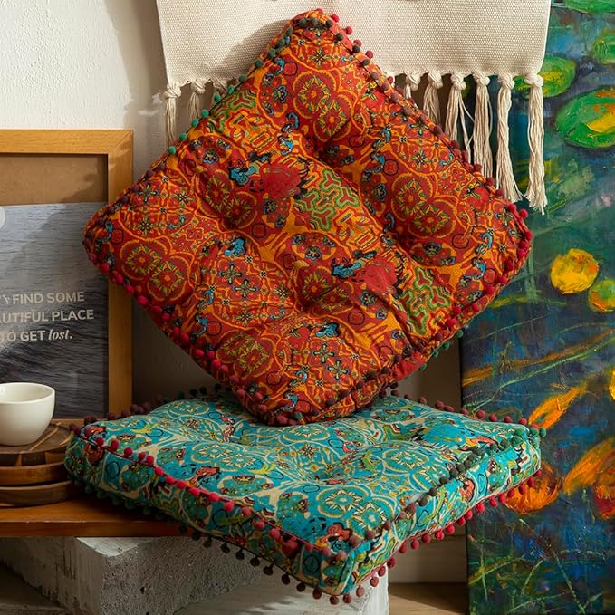 vctops Boho Cotton Linen Square Chair Seat Cushions for Dining Kitchen Office Chairs Super Soft Printed Chair Pads with Pompom Fringe (Orange,16"x16")