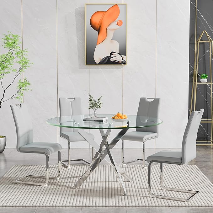 Goujxcy Round Dining Table Set for 4, Modern Glass Kitchen Table and Chairs Set of 4, 5 Piece Dining Room Table Set with 47" Circle Silver Metal Glass Dinner Table and 4 Grey Leather Dining Chairs
