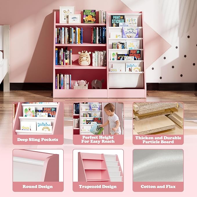 Pink 4-Tier Kids Wooden Bookshelf,5 Layer Sling Bookcase,Baby Storage Book Rack,Kids Book Toy Organizer Chest,Infant Toddler Front Facing Book Display,Playroom Classroom Nursery Church Bedroom