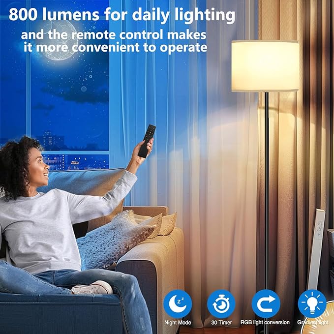 Smart LED Floor Lamp with APP Control & RGB Colors - Dimmable Standing Lamp for Living Room, Bedroom, Gaming - Remote, Timer, 9W Bulb Included, 60.6" Modern Tall Lamp (White)