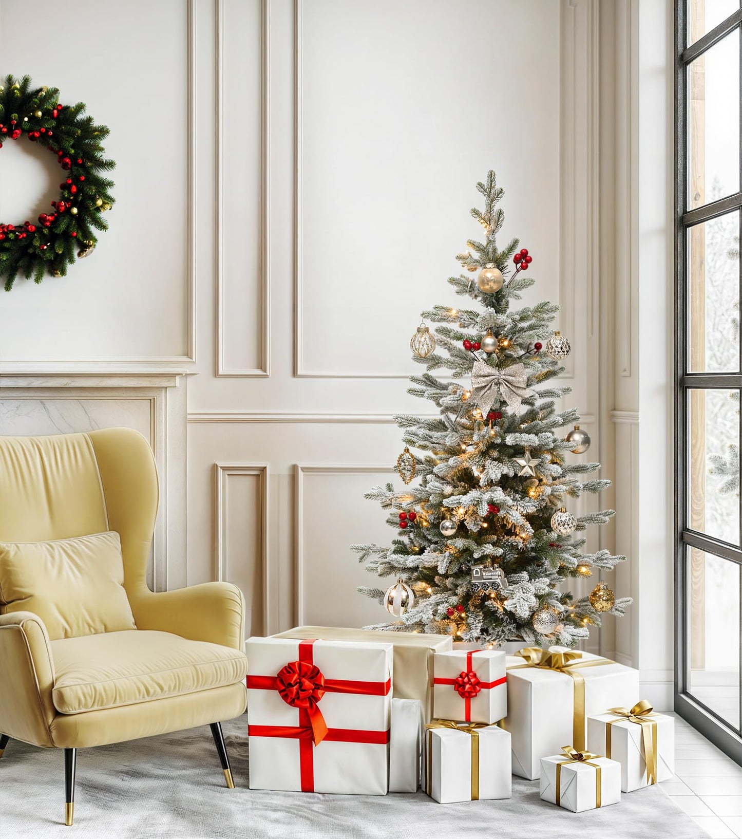 DWVO 4.5 FT Potted Slim Pre-lit Flocked Arctic Fir Pencil Tree, Potted Christmas Tree with 11 Red Hollies, 358 PE & PVC Branch Tips, and 100 Lights for Home and Office Decor