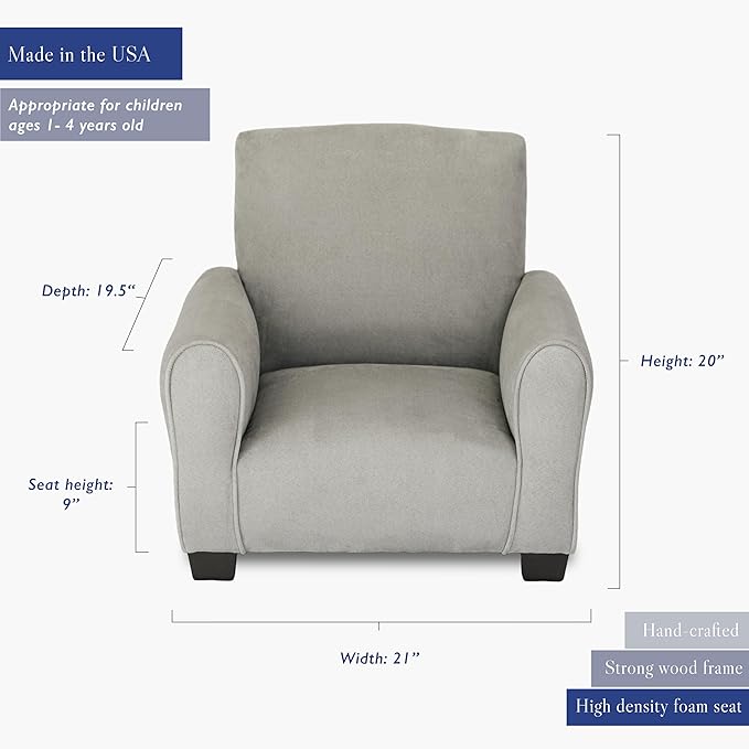 Toddler Personalized Armchair, Kids Upholstered Rocking Chair with Personalization, Toddler Chair with Personalized Name, Comfy Child Armchair, (Grey Suede, Legs)