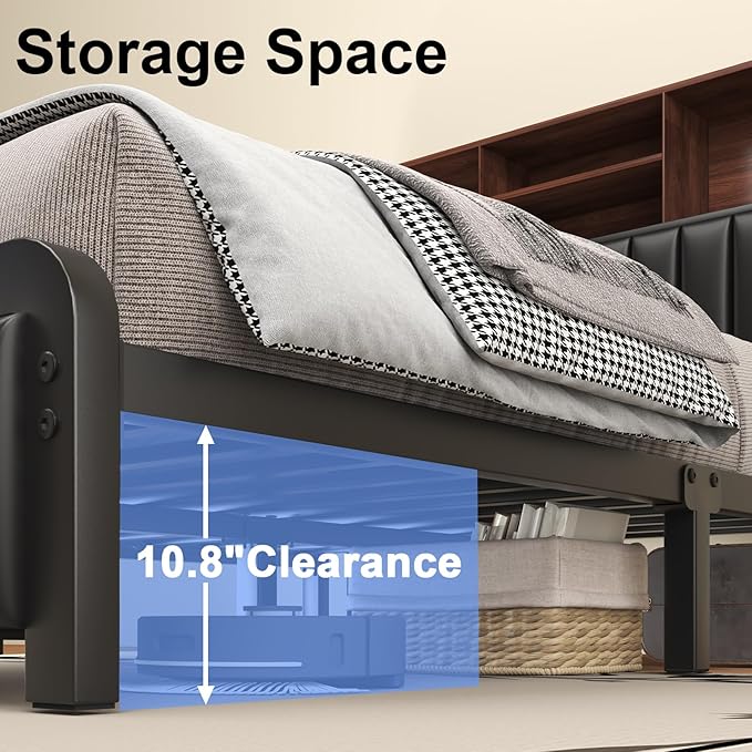 Queen Bed Frame 54.3" Tall with 3-Tier Storage Headboard and Charging Station, Metal Platform Bed Frame with LED Lights and PU Leather, Noise-Free, Metal Support, No Box Spring Needed, Black