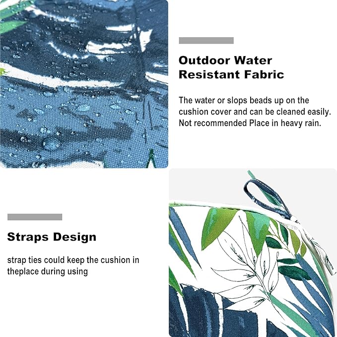 Set of 4 Outdoor Chair Cushions with Ties,Water Repellent Patio Chair Pads 17"x 16" for Outdoor Furniture,Round Corner Seat Cushions for Garden Yard Kitchen Islamorada Blue Green