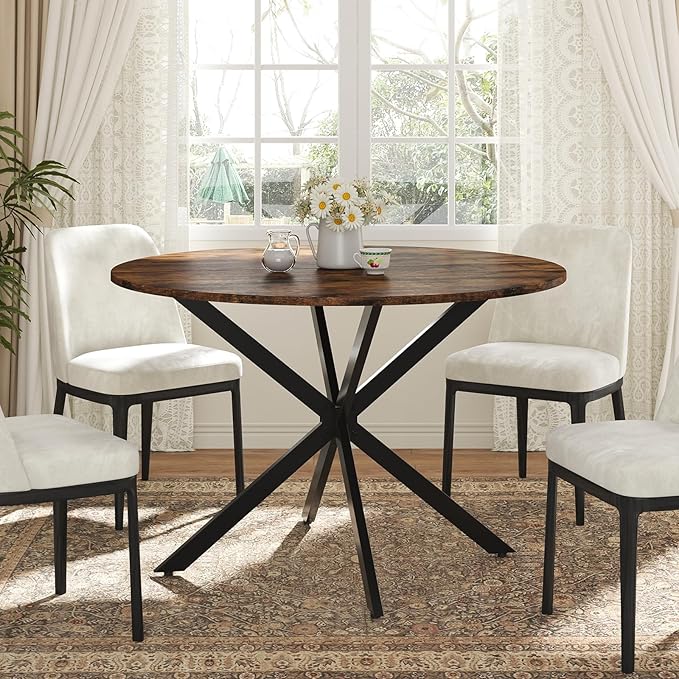 Unovivy 47" Round Dining Table for 4-6, Space Saving Circle Kitchen Dinner Table, Industrial Mid Century Modern Dining Room Desk for Kitchen, Apartment, Rustic Brown