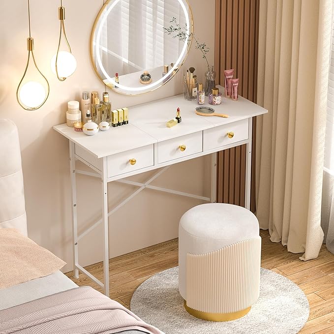 White Writing Desk with 3 Drawers for Bedroom, 37.2 Inch Small Computer Desk for Small Spaces, Simple Study Table for Kids Bedroom, Home Office, Dorm, Living Room, Vanity Make Up Desk, White