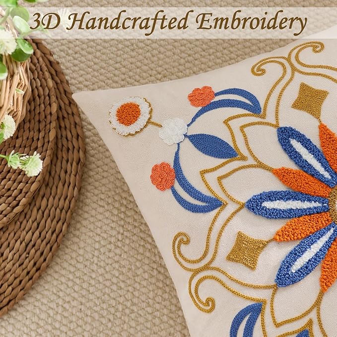 Embroidered Throw Pillow Cover 18x18 Classic Boho Floral Pattern Pillows Cover Outdoor Decorative Pillowcase,Durable Cozy Textured Cushion Case for Sofa Couch Bed Living Room,Orange Blue