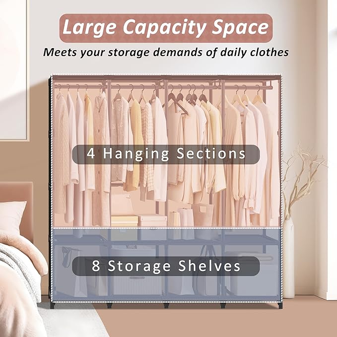 Wardrobe Closet, Quick and Easy Assembly, Black Large Capacity Portable Closet with 4 Hanging Rods 8 Storage Shelves and 8 Side Pockets, Clothes Rack with Cover, for Bedroom and Living Room