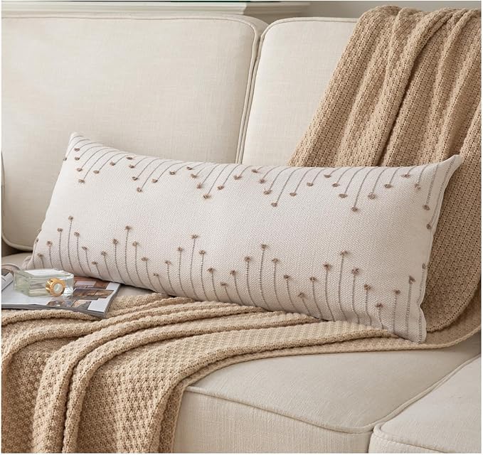 Caflife Boho Lumbar Pillow Cover 14x36 Long Pack of 1 Decorative Pillows Bed, Beige with Tan Body Throw Pillow Covers, for Modern Farmhouse Sofa Bedroom Living Room Home Decor Couch Pillowcase