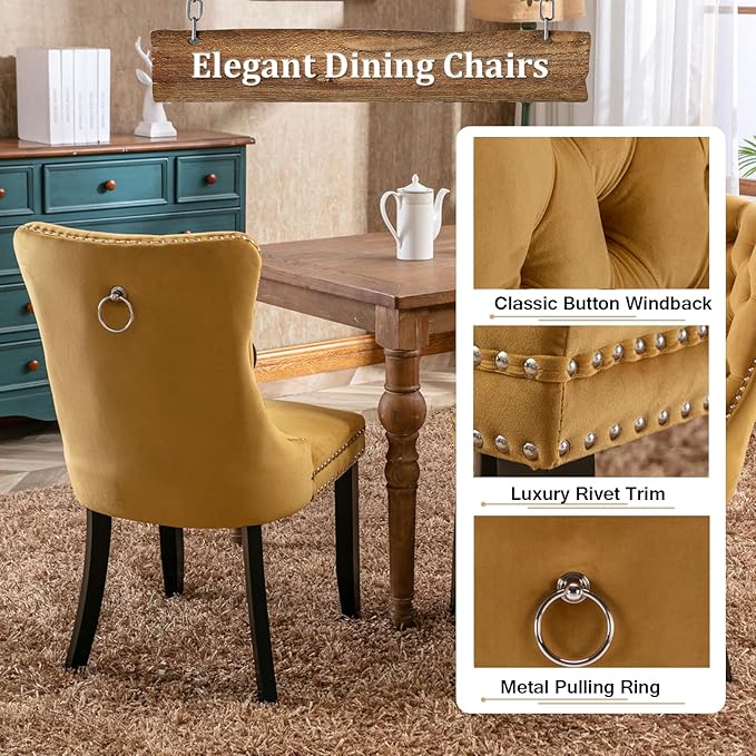 Goujxcy 78.7" Farmhouse Extendable Dining Room Table Set for 6, 7-Piece Rectangle Kitchen Dining Room Table Set with Wood Base and 6 Yellow Velvet Dining Chairs, Extending Kitchen & Dining Table Set