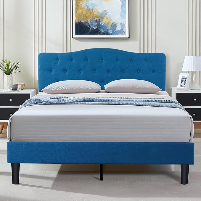 VECELO Queen Size Bed Frame Upholstered Platform with Tufted Adjustable Headboard/Mattress Foundation with Wood Slat Support, Easy Assembly,Blue