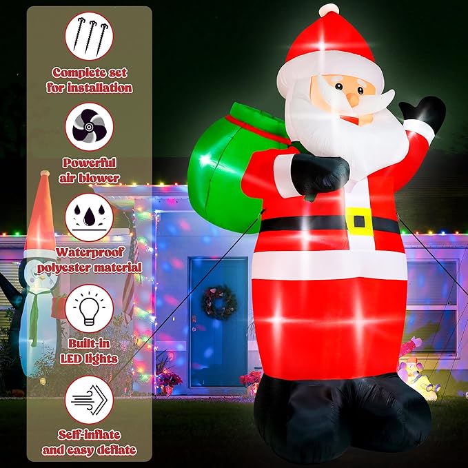 15FT Christmas Inflatables, Giant Inflatable Santa Claus Holding Gift Bags, Blow Up Christmas Santa Claus with 8pcs LED, Inflatable Santa Claus Outdoor Decorations for Party Holiday Lawn Yard