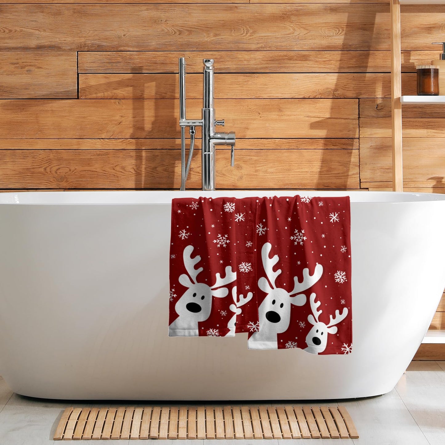 Christmas Reindeer Hand Towels Set of 2, 28x14 Inch Funny Xmas Deer Snowflakes Red Soft Absorbent Tea Towel Washcloths for Kitchen Bathroom Winter Holiday Home Decor and Gifts