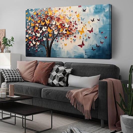 Butterfly Tree Canvas Wall Art for Living Room Bedroom Home Office Blue Colorful Tree of Life Wall Art Modern Large Framed Canvas Prints Size 29x59