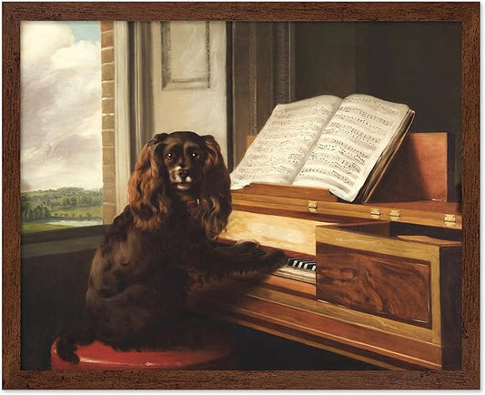 Poster Master Vintage Portrait of an Extraordinary Musical Dog Poster - Retro Dog Print - Puppy Art - Music Art - Piano Art - Animal Lover Art - Living Room or Office Decor, 11x14 Brown Framed