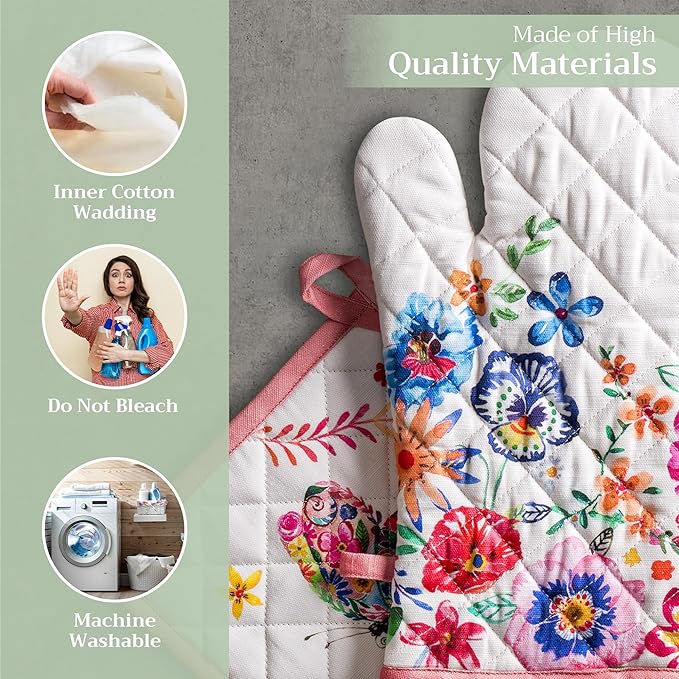 Maison d' Hermine 100% Cotton Oven Mitt & Pot Holder Set (7.5"x13" & 8"x8") Heat Resistant BBQ Cooking Gloves with Loop, Grilling, Kitchen, Handling Hot Pan Spring/Summer (Happy Florals - High Summer)