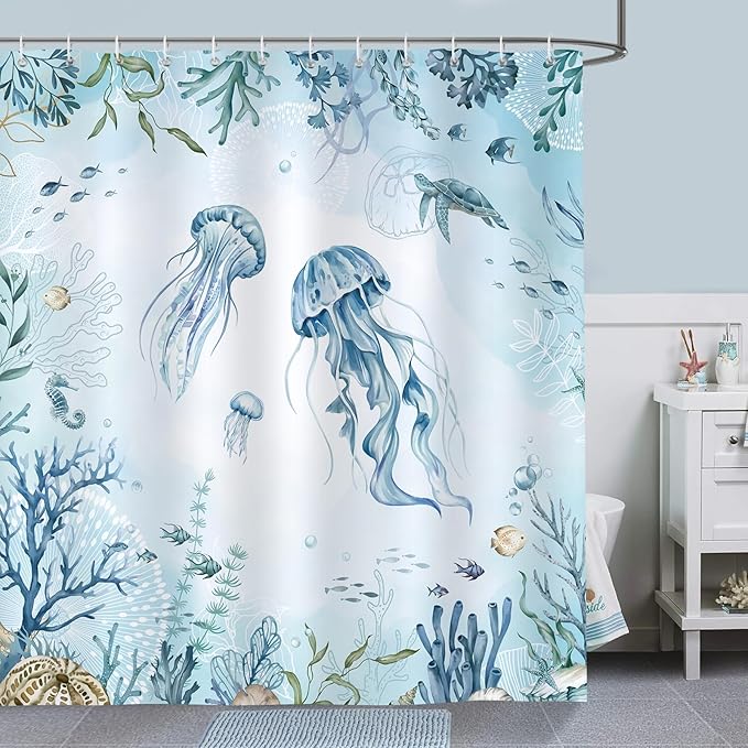 Bonhause Jellyfish Shower Curtain, Teal Blue Ocean Turtle Coastal Beach Bathroom Curtain 72x72 Inch Polyester Fabric Waterproof Bath Curtain with 12 Hooks